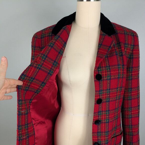 Vintage Talbots Blazer Jacket Plaid Velvet Tartan Holiday Christmas Wool Red 12 - Picture 6 of 13